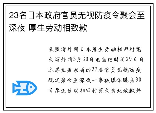 23名日本政府官员无视防疫令聚会至深夜 厚生劳动相致歉