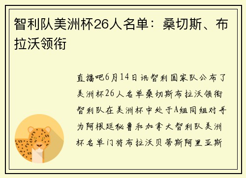 智利队美洲杯26人名单：桑切斯、布拉沃领衔