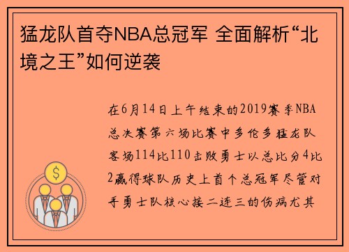 猛龙队首夺NBA总冠军 全面解析“北境之王”如何逆袭