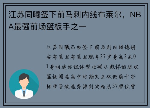 江苏同曦签下前马刺内线布莱尔，NBA最强前场篮板手之一
